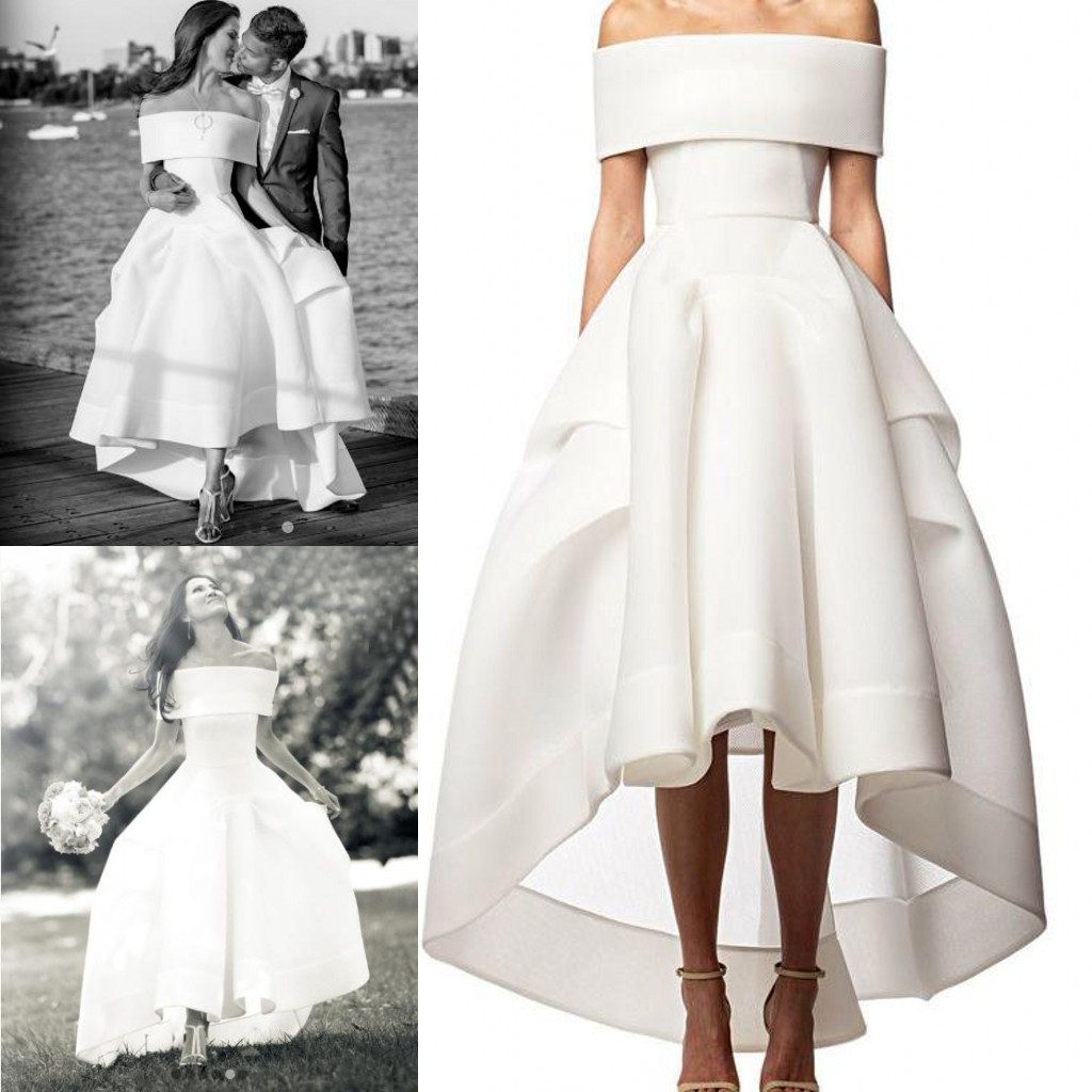 White High Low Wedding Dresses Off the shoulder Fashion Bridal Gown Ruched Beach A Line Bridal Gowns Vintage Garden Vestido De Novia