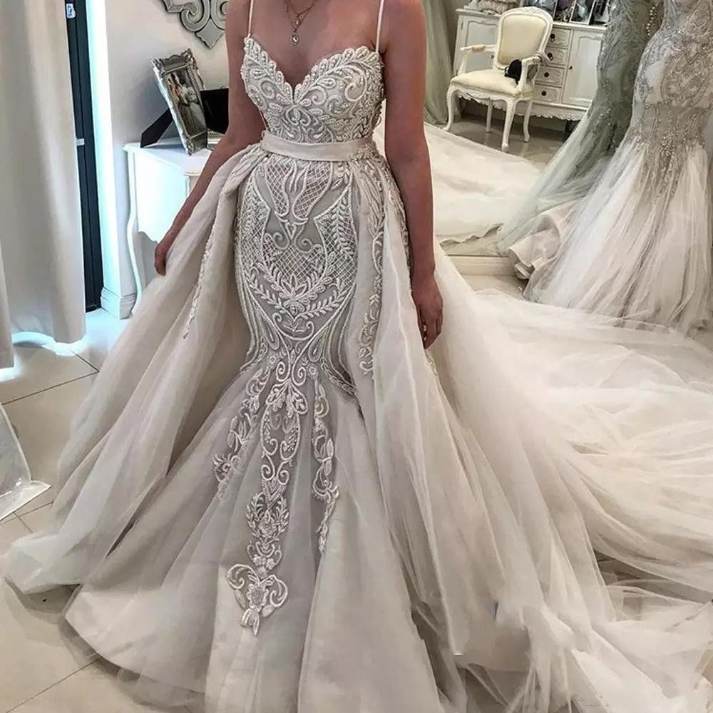 vestidos de nnovia mermaid wedding dresses with detachable train full lace sexy spaghetti sweetheart neck bridal gowns