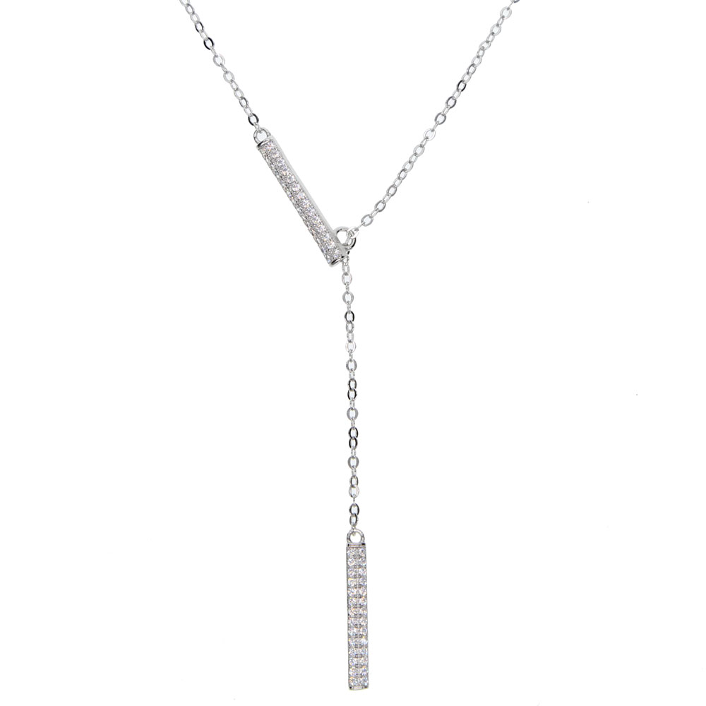 long chain lariat Y necklace Rhodium plated 925 sterling silver summer women sexy necklaces with double cz bar charm simple fashion jewelry