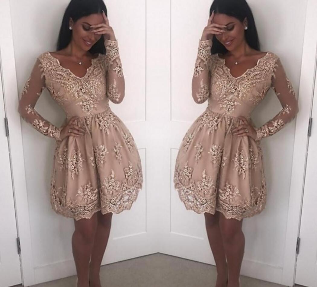 Lovely Homecoming Dresses V Neck Lace Applqiues Short Mini Prom Dress Party Wear Custom Made Long Sleeve Evening Gowns Special Occasion