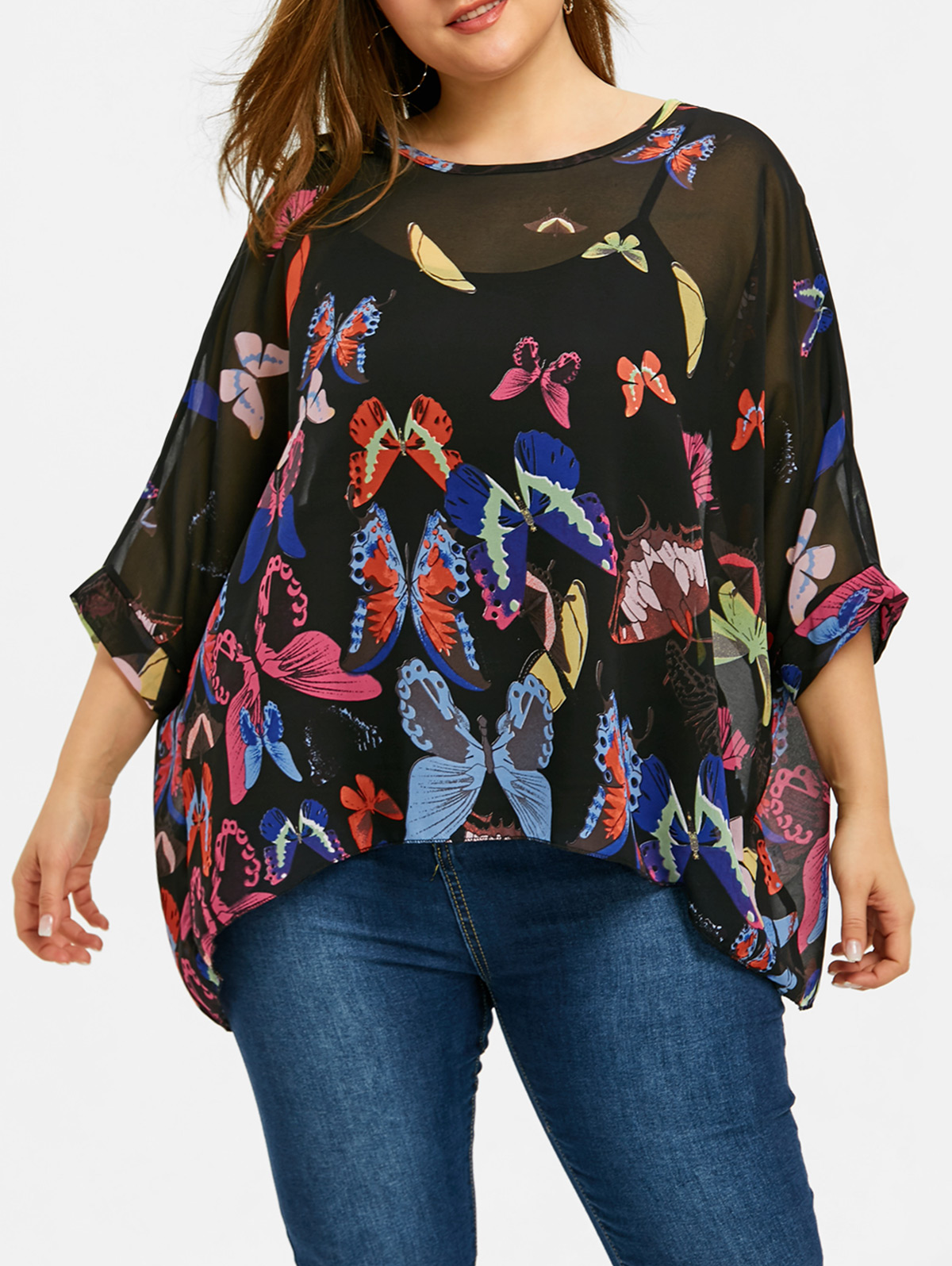 Gamiss Women Butterfly Print Plus Size Chiffon Blouse Casual Batwing Sleeve Long Blouses Shirts 2018 Fashion Tops Blusas 5XL