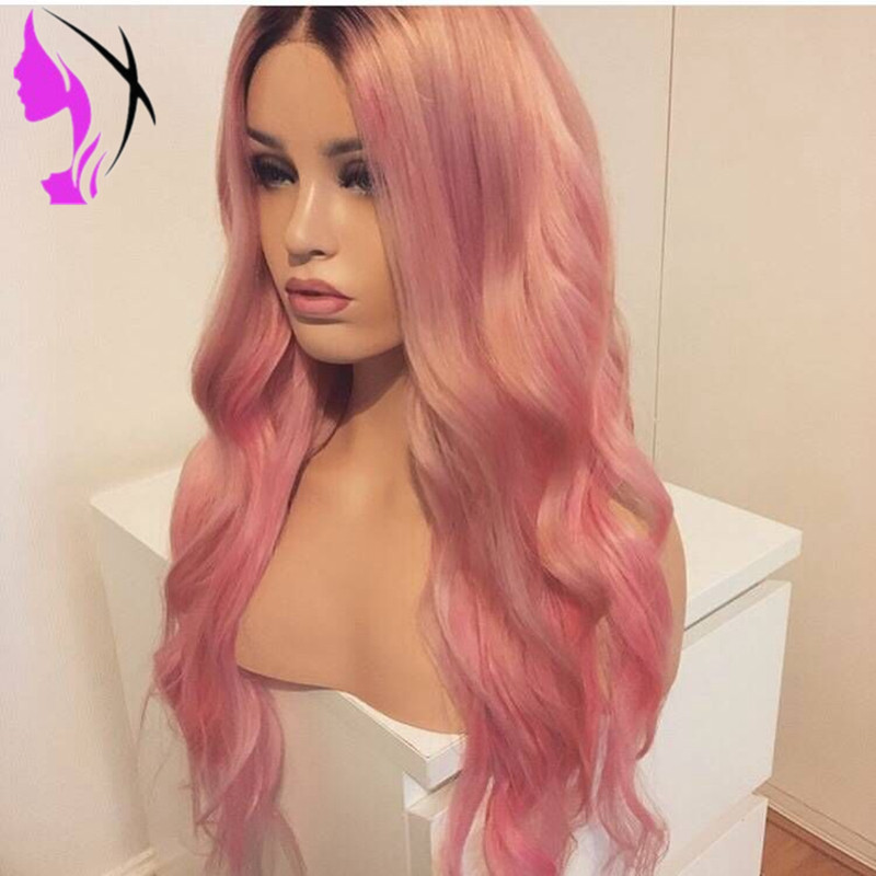 Long Wavy Simulation Human Hair wig 180% Density Glueless Heat Resistant Synthetic Lace Front Wig With Baby Hair Ombre pink Wigs For Women