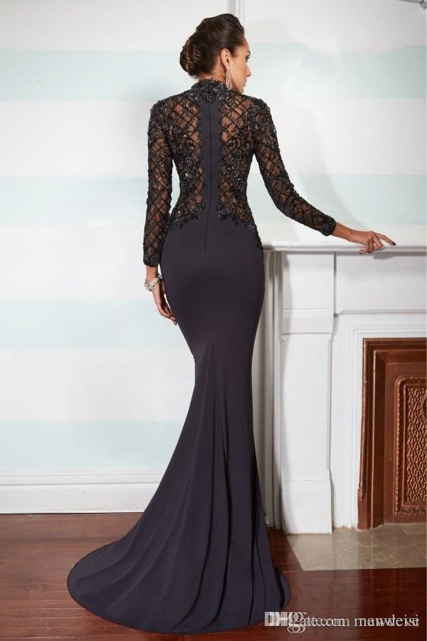 Hot Black Mermaid Mother Of The Bride Dresses Lace Applique Top High Neck Long Sleeves Fashion Satin Wedding Guest Dress