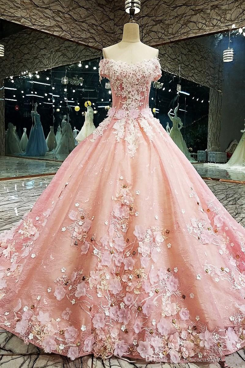 Luxury Pink Ball Gown Flower Prom Dresses Off The Shoulder Lace Appliqued Beads Dress Evening Wear Plus Size Abendkleider Formal Party Gowns