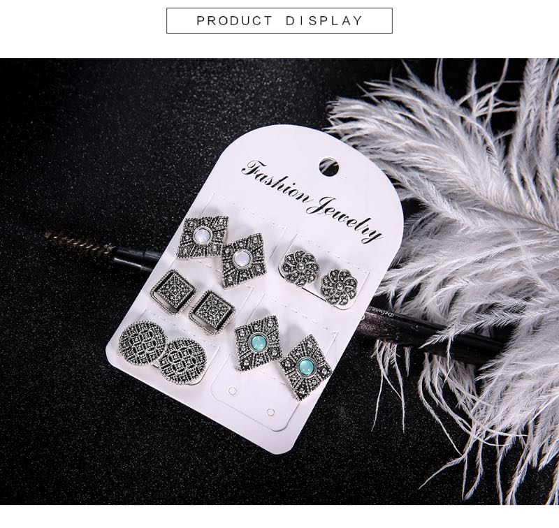 Vintage Tibetan Silver Stud Carving Patterns With White Stone Earring Hollow Out Geometric Shape Earrings Whoelsale