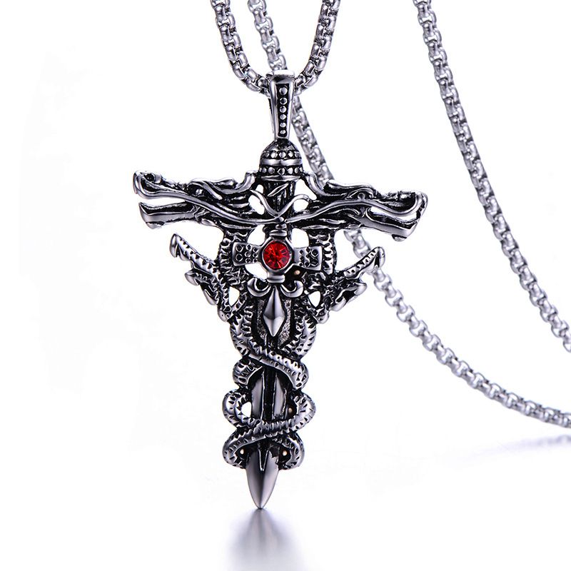 Classic Men's Retro Cross Jewelry - 18K Gold Plating over 316L Stainless Steel with Eye-Catching Red Rhinestone Detailing