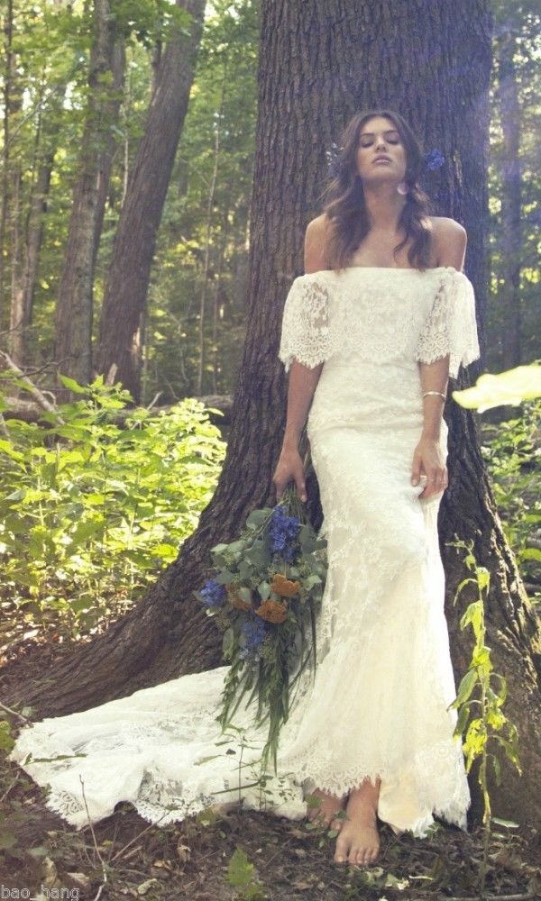 Beach Off Shoulder Summer Country Lace Mermaid Dresses Bohemian Court Train Backless Wedding Bridal Gowns Vestidos De Noiva