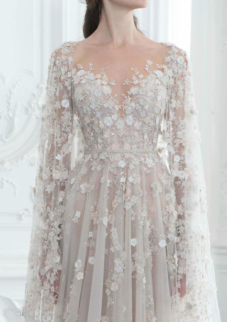 Fairy Prom Dress Sheer Neck Long Sleeve 3D Floral Appliqued Sequins Two Pieces Evening Dresses With Wrap Sweep Train Custom Made Robe de mariée