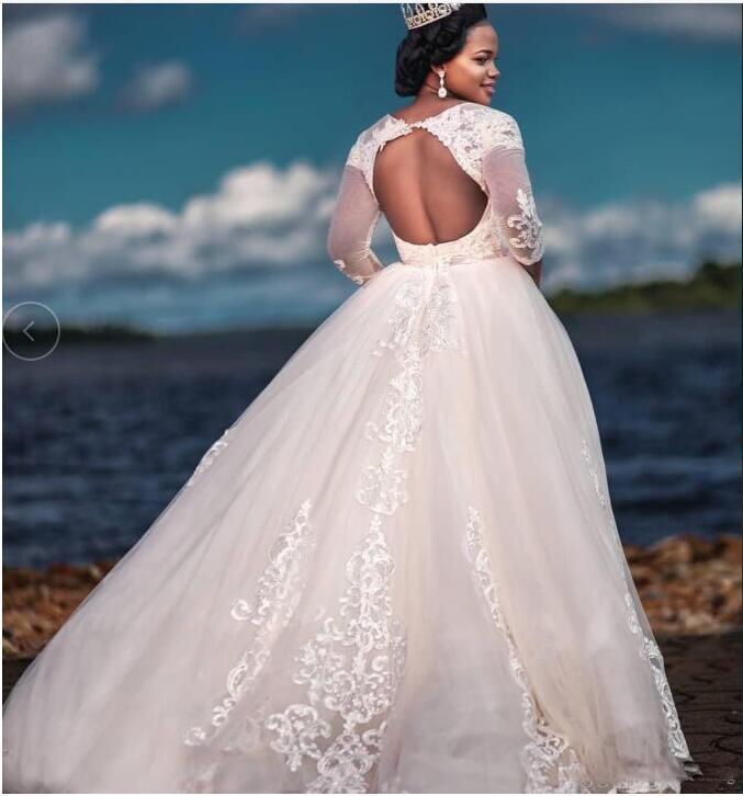 South African Plus Size Dresses Sheer Jewel Neck Princess Country Bridal Dress Hollow Back Appliques Lace Long Sleeves Wedding Gowns