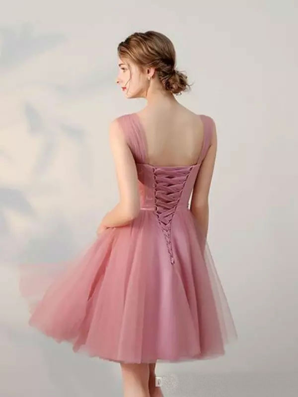 2019 Pink Short Prom Dresses Sheer Straps Lace Applique Beads Tulle Bridesmaid Dress Custom Made Homecoming Dresses Formal Party Gowns