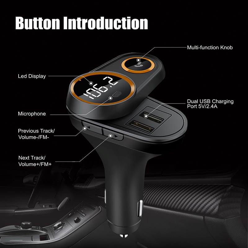 Bluetooth FM Transmitter Hands Free Calling Voice Navigation Music Player Car Charger Bluetooth Car Kit Support Micro SD TF