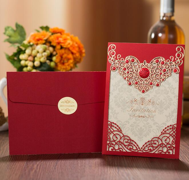 Romantic Laser Cut Wedding Invitation Card Gold Red Luxury Floral Elegant Lace Favor Envelopes Wedding Party Decoration