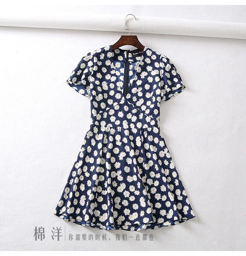 New european design women's fashion flower dots print short sleeve v-neck high waist slim waist a-line short dress French style vestidos