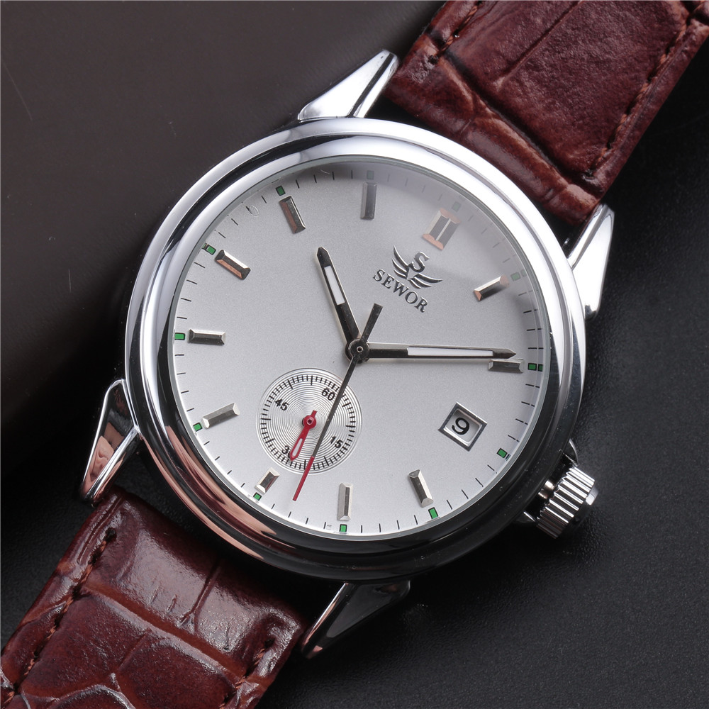 2016 New Fashion Mens Watches Top Leather Strap Casual Auto Date Mechanical Automatic Self Wind Wrist Watch