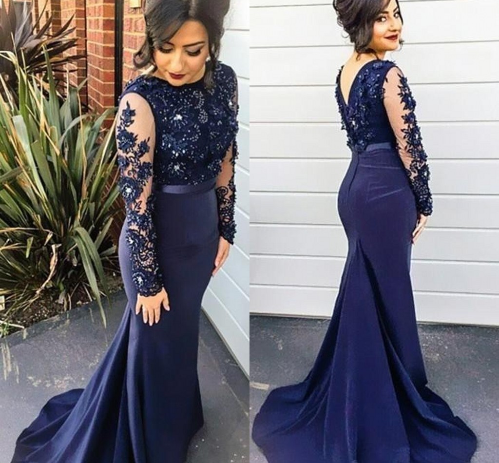 2018 Vestidos Jewel Neck Sheer Long Sleeves Navy Blue Evening Dresses Beaded Lace Applique V Back Prom Party Gowns Mermaid Sweep Train Sash, Purple
2018 Vestidos Jewel Neck Sheer Long Sleeves Navy Blue Evening Dresses Beaded Lace Applique V Back Prom Party Gowns Mermaid Sweep Train Sash, Purple