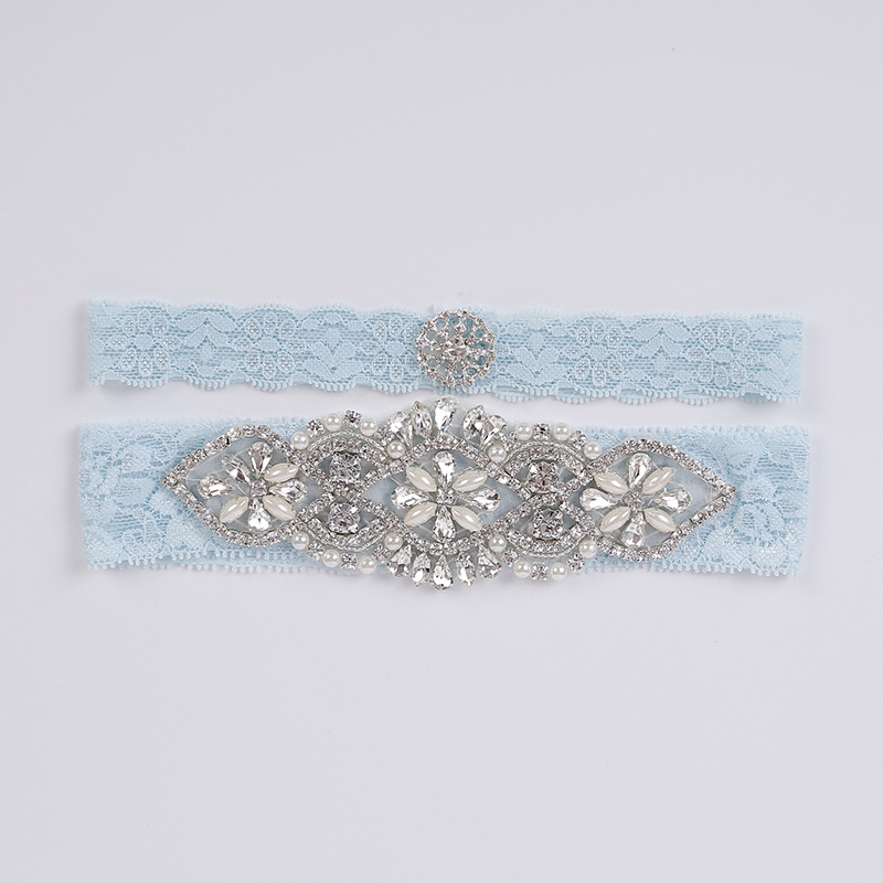 Blue Bridal Garters Crystals Pearls for Bride Lace Wedding Garters Belt Free Size From 15 to 23 inches Wedding Leg Garters Real Picture