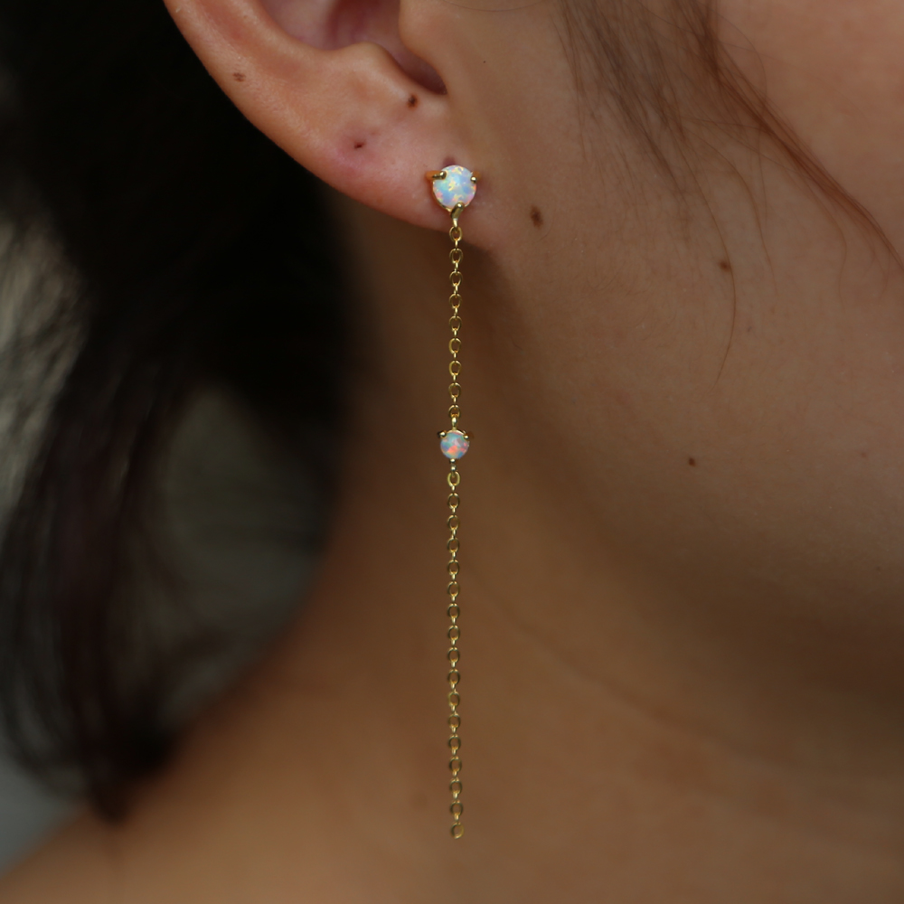 Elegant elegance girl tassel drop chain earring white fire opal gemetone women girl 925 sterling silver thread ear wire jewelry