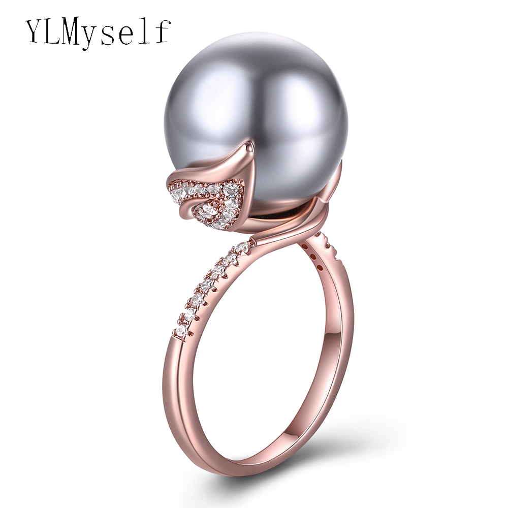 Dropshipping Rose gold /white ring with big grey pearl jewellery Beautiful leaf jewelry best anniversary gift for mom rings