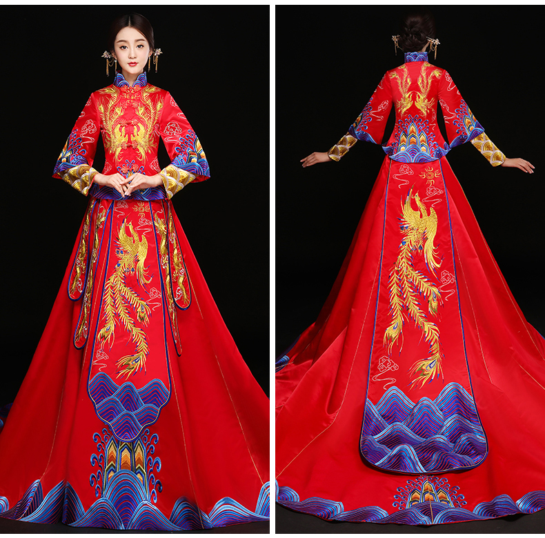 High Quality China traditional elegant bride wedding cheongsam dress Chinese dragon phoenix Suzhou Embroidery gown Fashion show