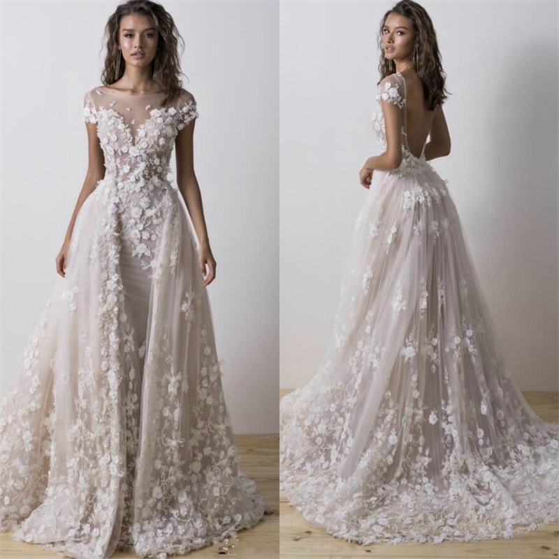 Pallas Couture 2018 Mermaid Wedding Dresses With Detachable Train Short Sleeves Boho Bridal Gowns 3D Floral Appliqued Backless Wedding Dress