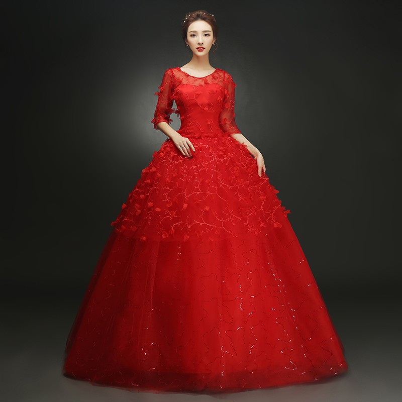 Customized Cheap Red Flowers Wedding Dress 2018 Fashion Sweetheart Half Sleeve Bride Gown Dresses Fashion robe de mariage