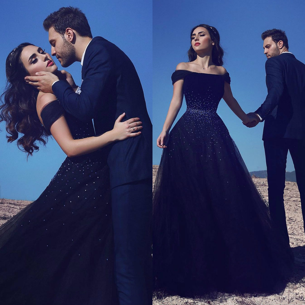 Navy Blue 2018 Prom Dress Custom Made Off The Shoulder Rhinestones Tulle Evening Dresses For Formal Events