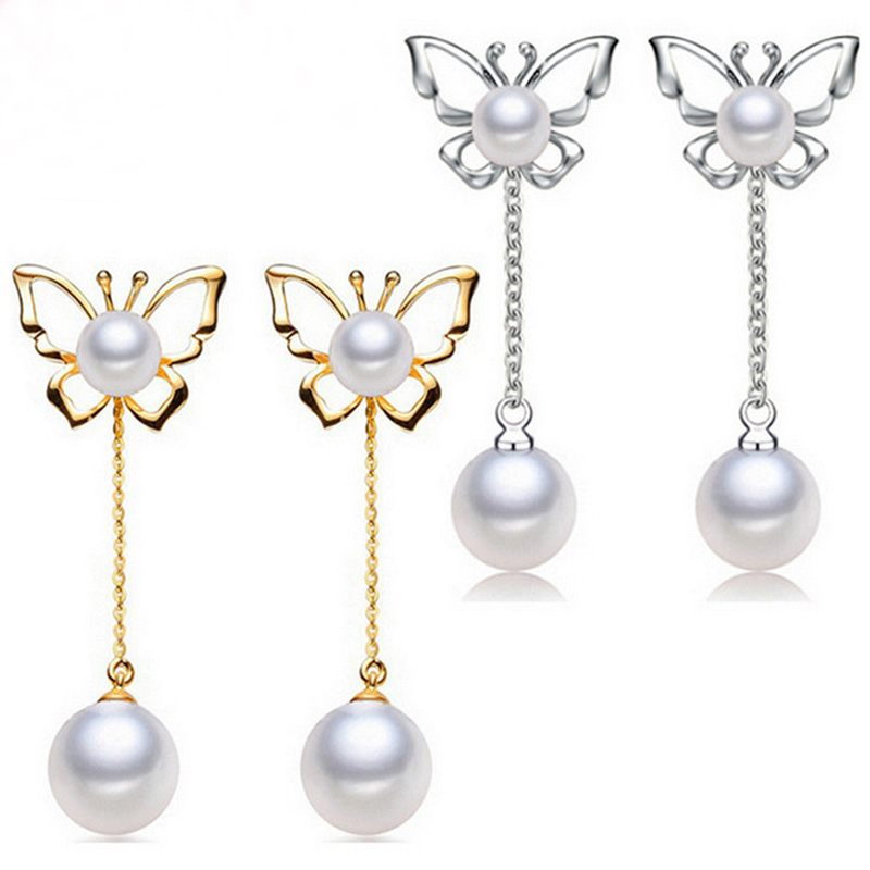 S925 Silver Pearl Butterfly Dangle Earrings Jewelry with 925 Silver Ear plug Four Wearing Methods
