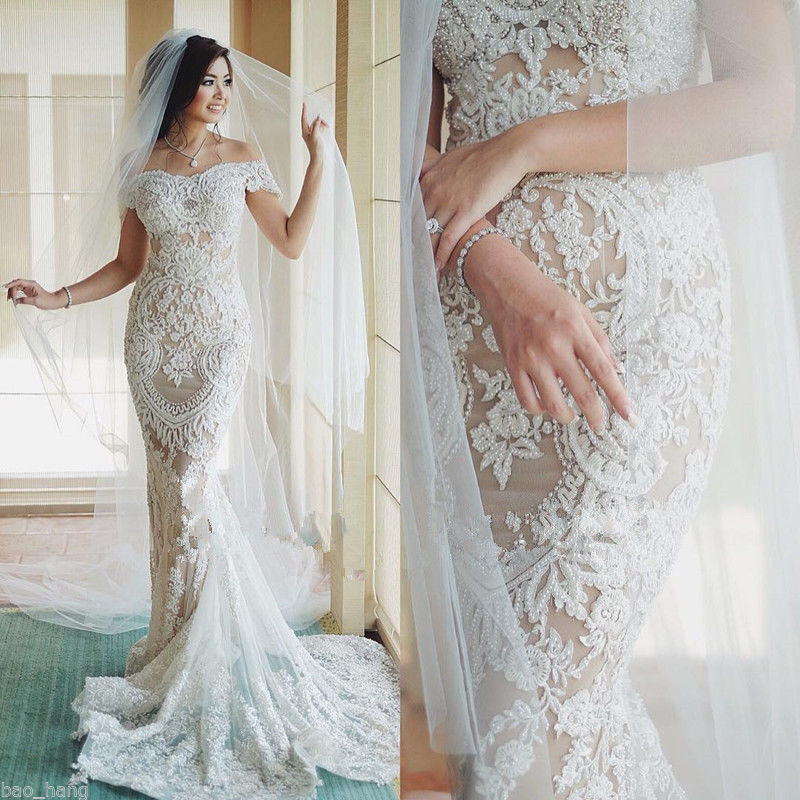 Luxury Beads Mermaid Wedding Dresses With Detachable Train Off The Shoulder Lace Appliqued Boho Bridal Gowns Custom Made vestido de novia