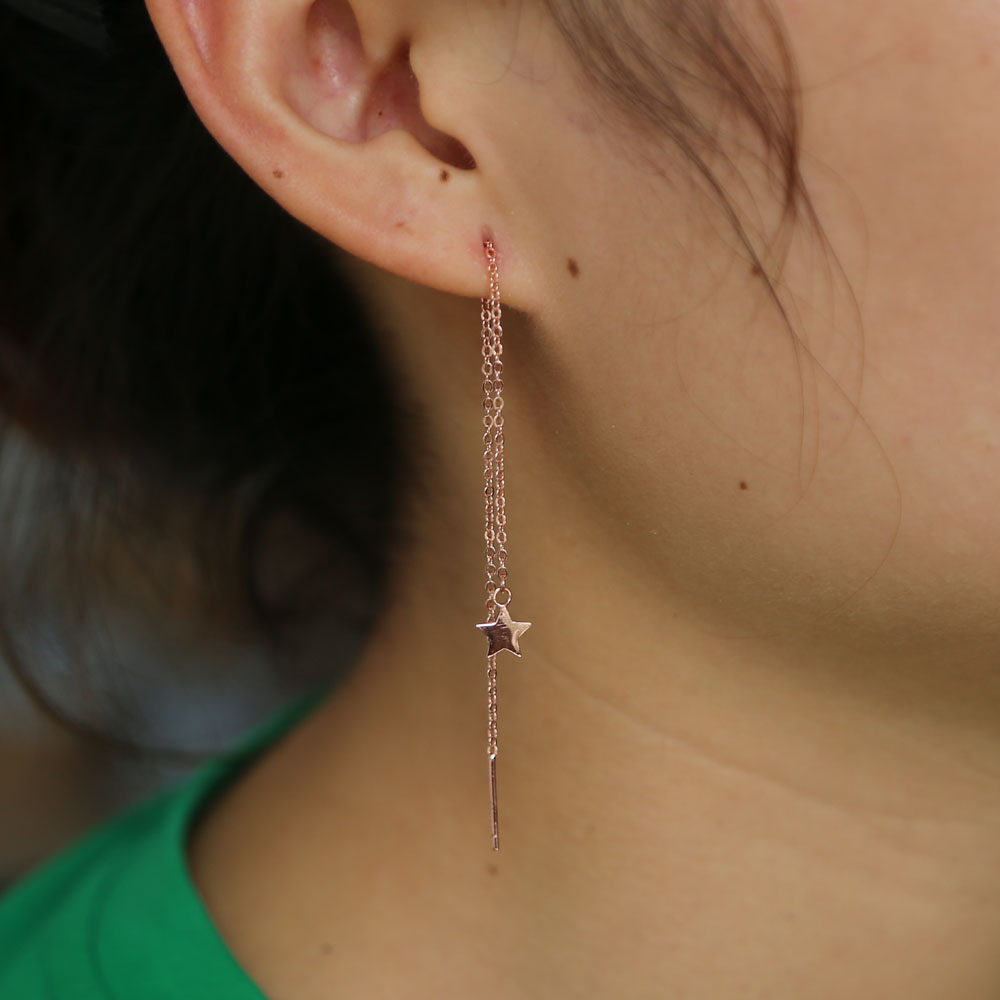 925 sterling silver ear thread long chain tassel star charm minimal delicate women girl jewelry elegance tassel chain earring