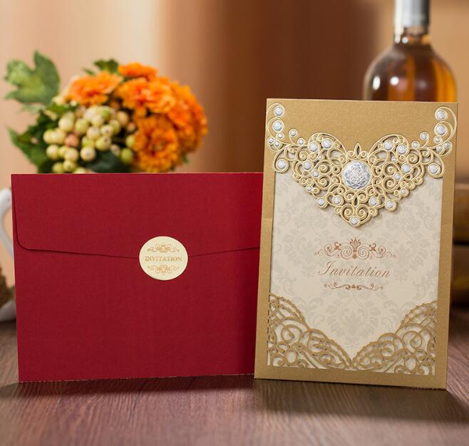 Romantic Laser Cut Wedding Invitation Card Gold Red Luxury Floral Elegant Lace Favor Envelopes Wedding Party Decoration