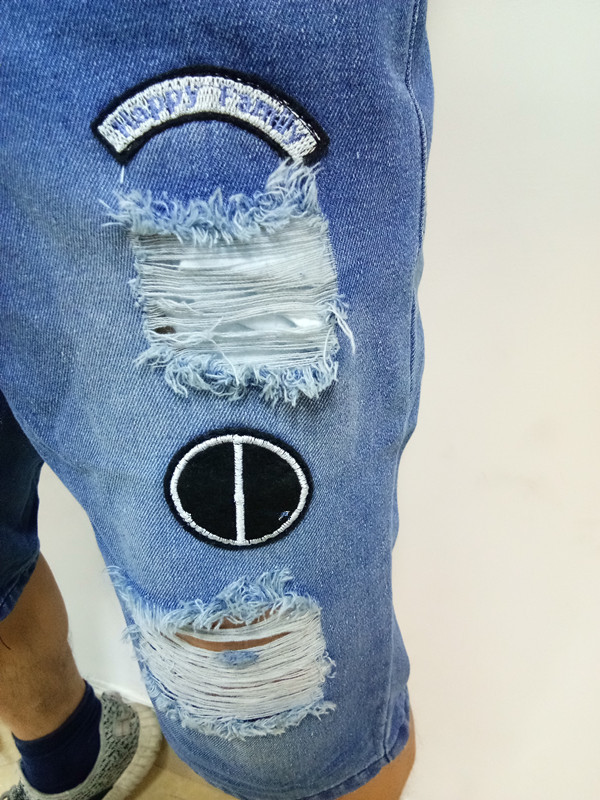 HOT 2018 Fashion Casual Men's affixed cloth embroidery patch hole high street beggar stretch denim hip hop shorts
