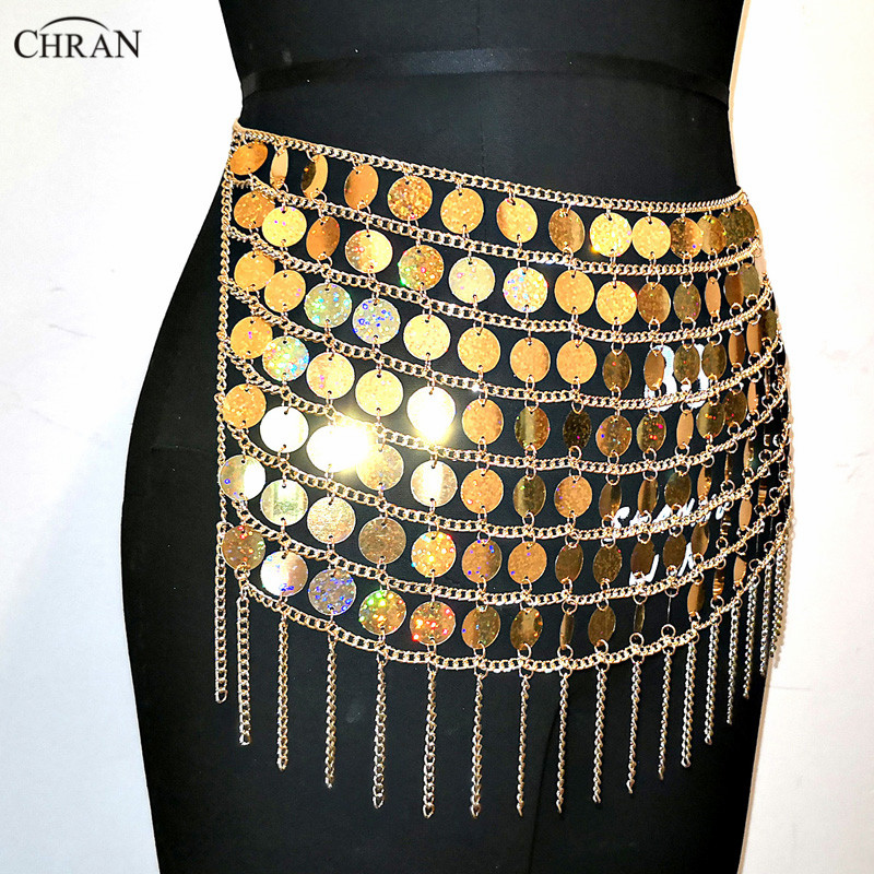 Chran Laser Gold Sequin Bead Belly Waist Chain Sexy Mini Skirt Women Necklace Bikini Wear Party Dress Festival Sexy Bod Jewelry