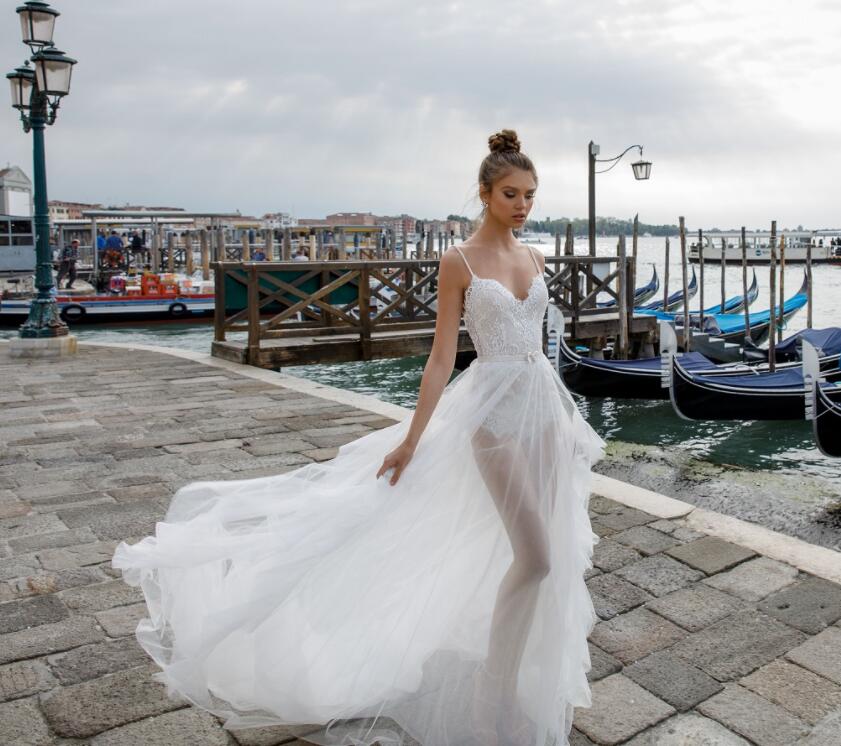 julie vino a e gowns with detachable spaghetti sweep train lace sexy beach wedding dress applique plus size bridal