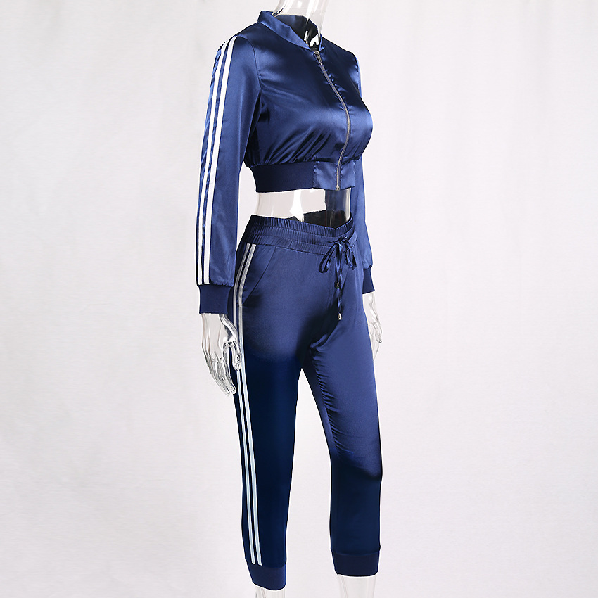 2018 Sexy Two Piece Set Women's Tracksuits Zipper Crop Top and Pants Casual Satin Womens Sporting Suit Outfits Tailleur Femme1