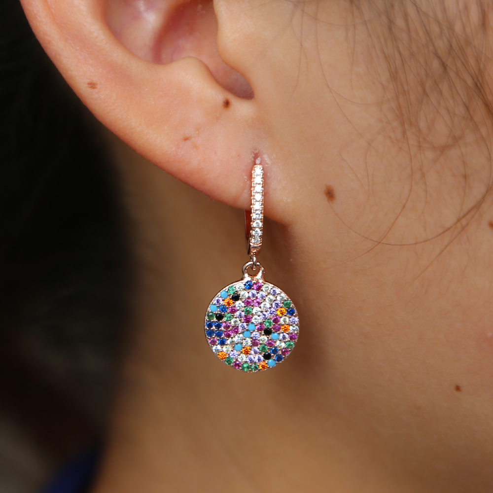 rainbow cz dangling earring for women gold plated elegance round disco charm with colorful cz fashion charm drop earrings