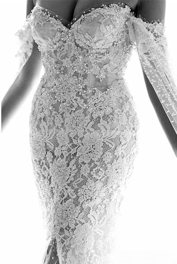 Off Shoulder Mermaid Dresses Full Lace Appliques Beaded Tulle Bridal Gowns Sweetheart Side Split Wedding Dress With Long Wrap