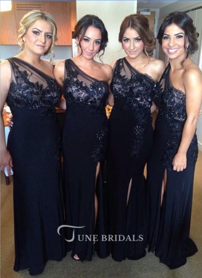 Navy Blue Bridesmaid Dresses One Shoulder Lace Appliques or Length Satin Fashion Wedding Guest Dress Side Split Cheap Evening Gowns