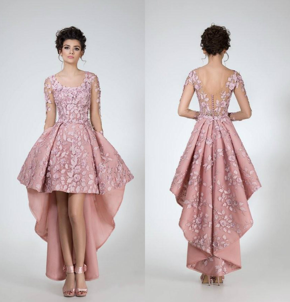 Chic High Low Lace Prom Dresses Scoop Neck With Long Sleeves Evening Gowns Vestidos De Fiesta 3D Appliqued Homecoming Dress