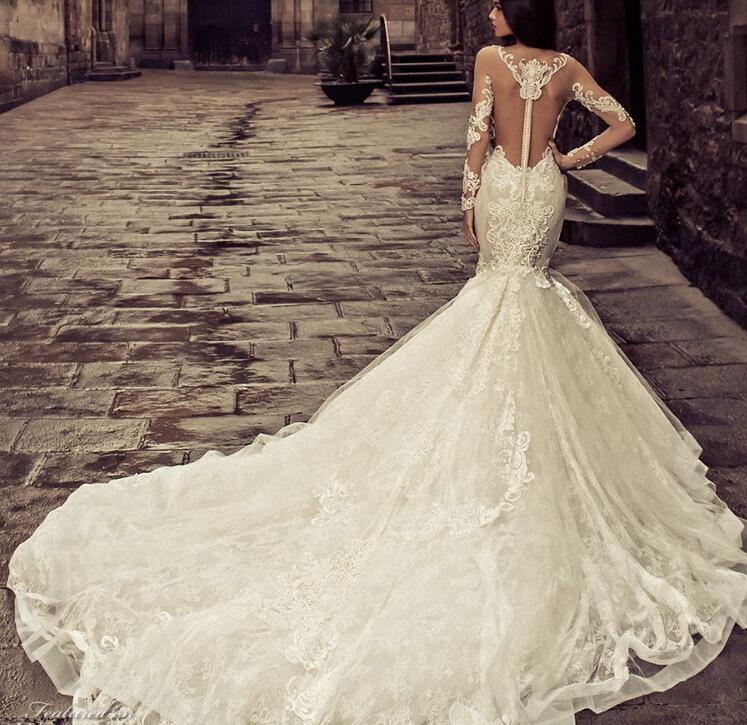 Julia Kontogruni 2018 Wedding Dress With Long Sleeves Sheer Neck Appliques Beaded Bridal Gowns Sweep Train Mermaid Wedding Dresses
