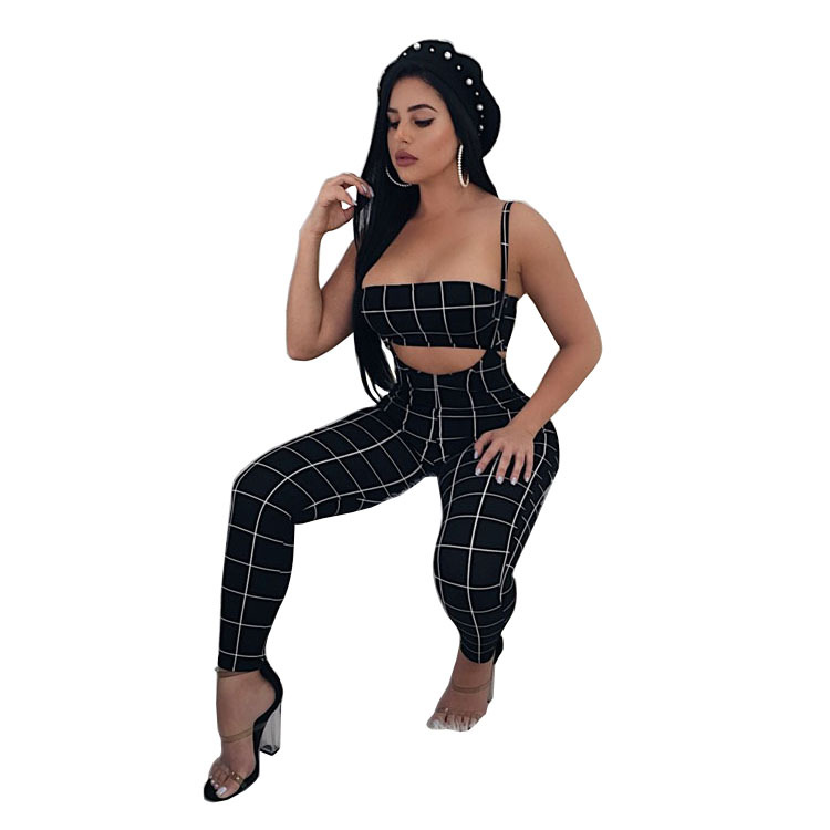 Black White Plaid Overalls: Sexy Jumpsuit 2-Piece Set For Women