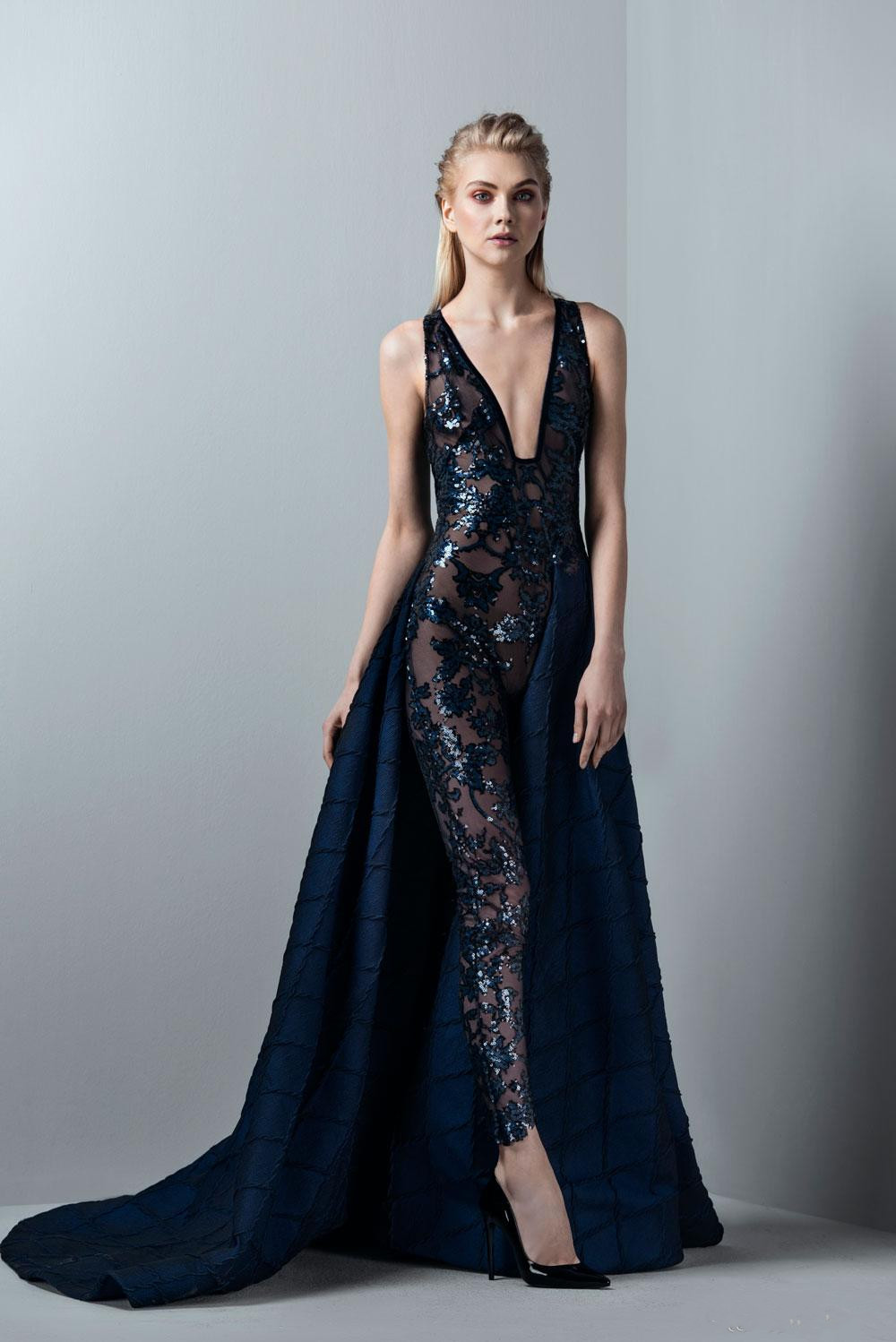 Dark Navy Jumpsuit Sexy Prom Dresses With Detachable Skirt Lace Applique Sequined Evening Gown Deep V Neck Formal Dress Party