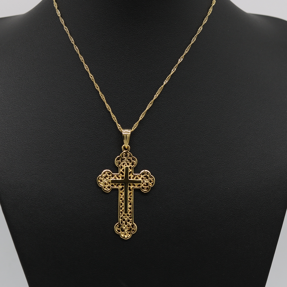 Filigree Womens Mens Cross Pendant Chain 18k Yellow Gold Filled Classic Style Crucifix Pendant Necklace Jewelry