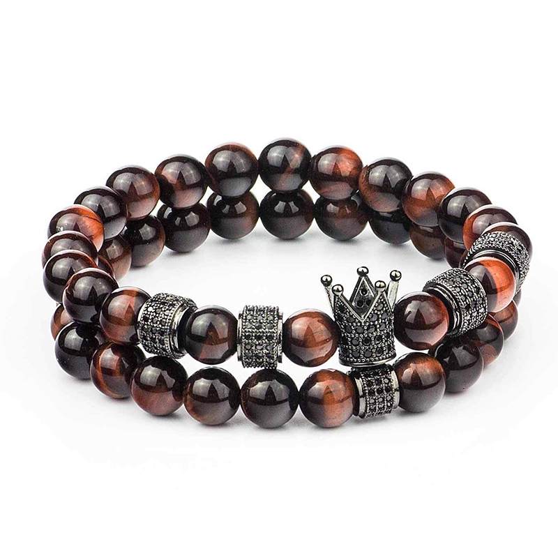 2pcs/set Micro inlay zircon Round Stopper Men Crown Charm Bangle Natural Beads Buddha Bracelet for Women Pulseras Masculina