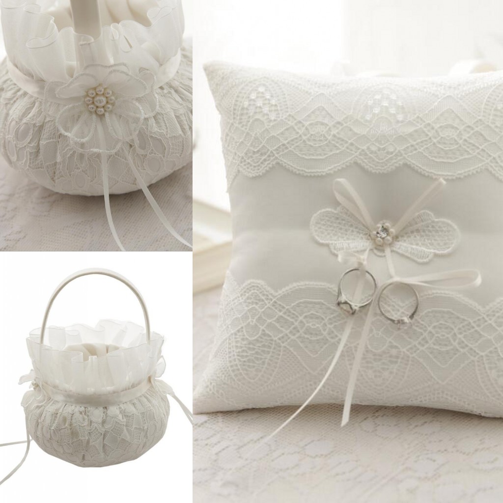 

Lace Ring Bearer Pillow Ring Pillows & Flower Baskets Sets Wedding Ceremony Pearls cake pillow Flower bride ring box free shipping, Customize