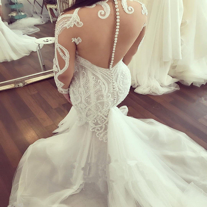 Long Sleeves Modest Mermaid Wedding Dresses Lace Appliqued High Neck Bridal Gowns Sweep Train Vestidos De Novia