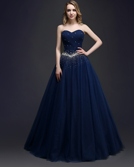 Dark Navy Ball Gown Evening Dresses Prom Dresses Long Sweetheart Bantage Back Prom Gowns Ball Gown