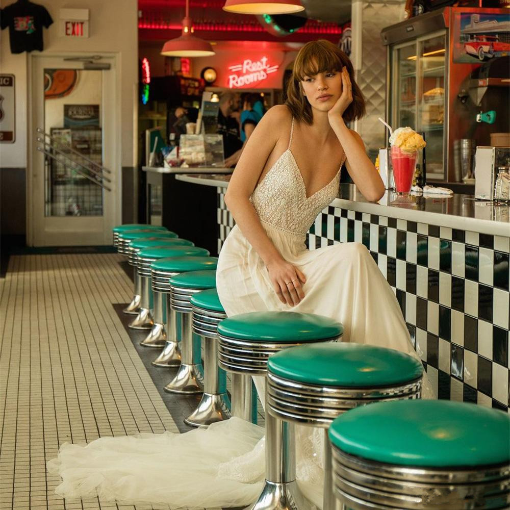 new ivory tulle beach wedding dresses spaghetti strap backless lace sequin beaded boho bridal gowns bride vestido de novia