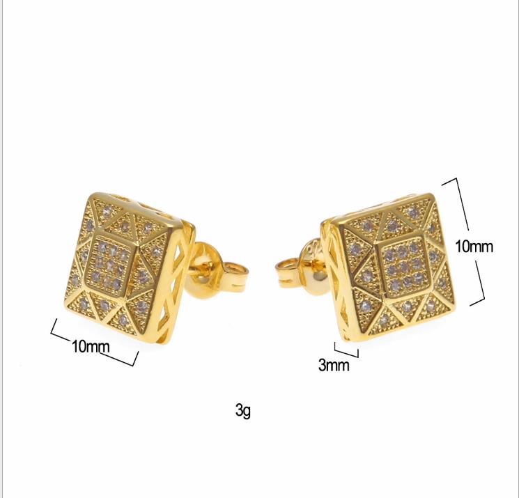 Mens 18k White Gold Plated Crystal Earring Square Fashion Men Jewelry Hip Hop Square Copper Stud Earrings