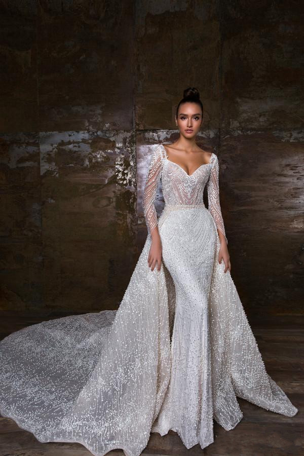 Gorgeous Mermaid 2019 Wedding Dresses With Detachable Train Sweetheart Long Sleeves Crystal Wedding Dress Lace Appliqued Bridal Gowns