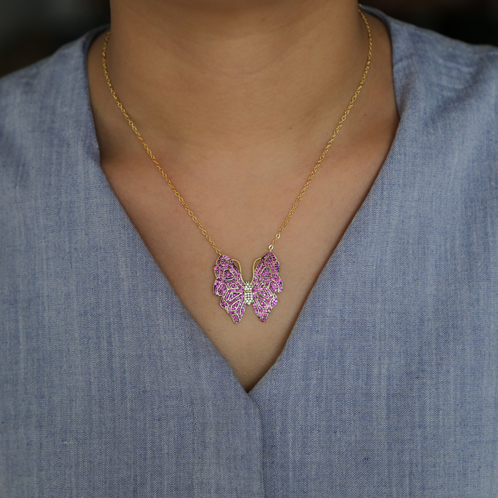 fashion red black butterfly pendant necklace with cz paved animals charm necklace connector delicate chain necklace jewelry